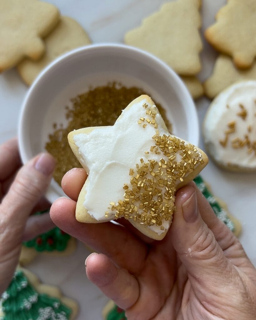 A star shaped sugar cookie decorated with frosting and sprinkles.