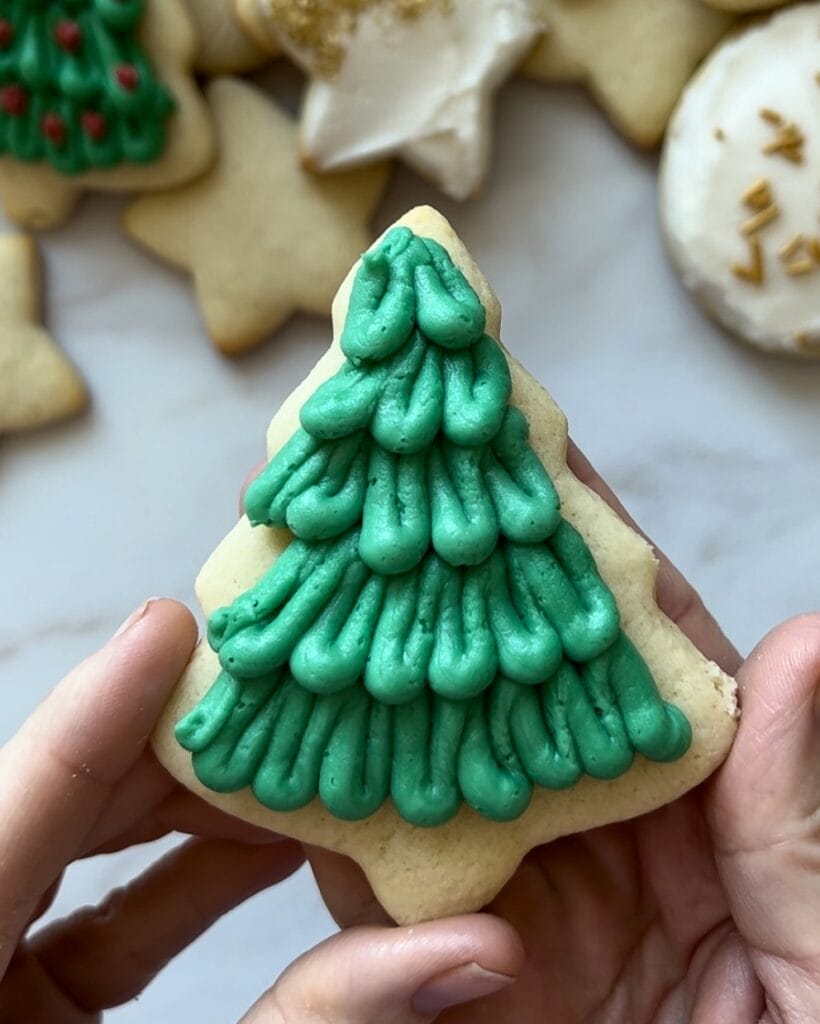 A Christmas tree sugar cookie frosted with green buttercream frosting.