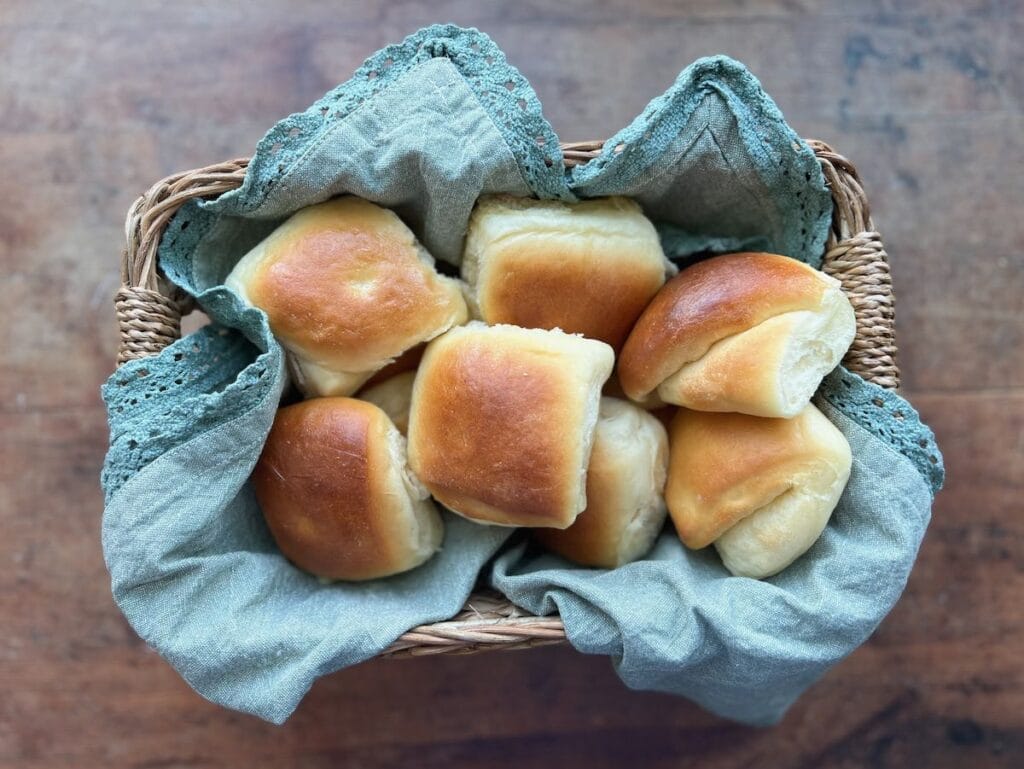 Parker House Rolls in a bread basket.