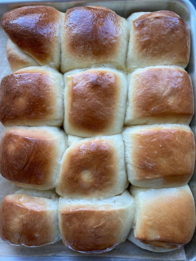 Baked Parker House Rolls after coming out of the oven.