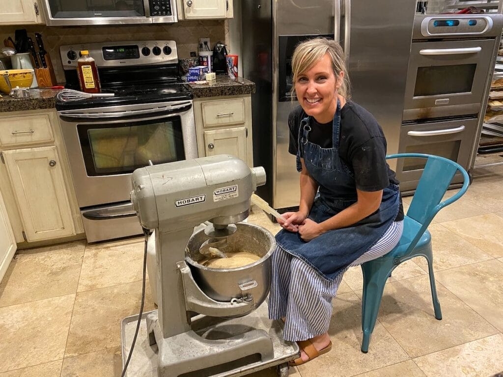 Heather at her mixer, making bread dough.