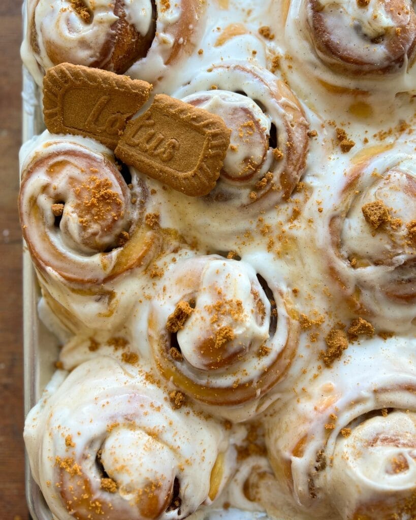 An up close view of biscoff cinnamon rolls.