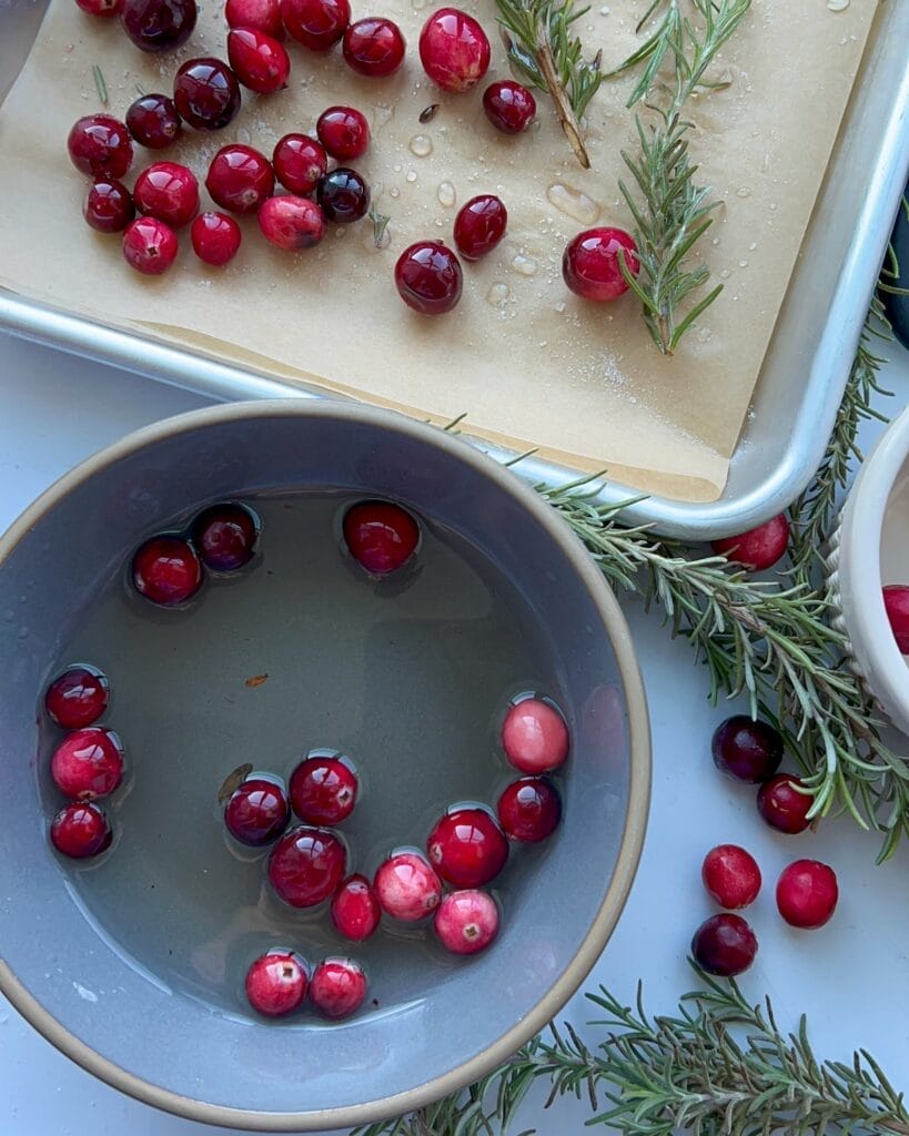 Cranberries in a bowl of simple syrup.