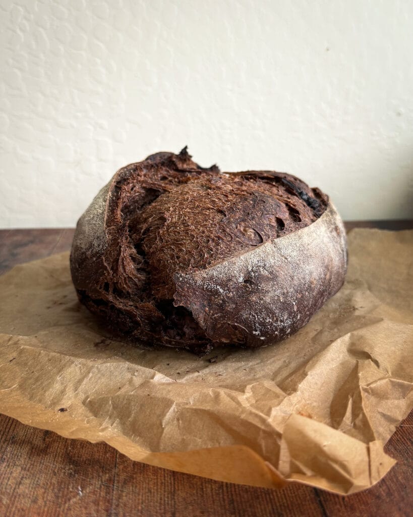 A loaf of chocolate sourdough.