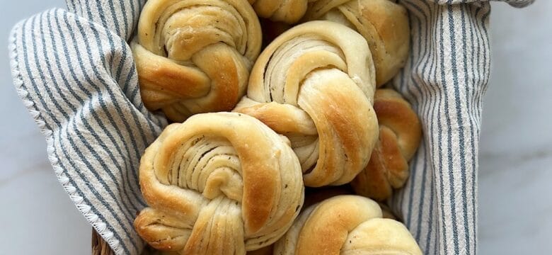Garlic knot rolls in a basket